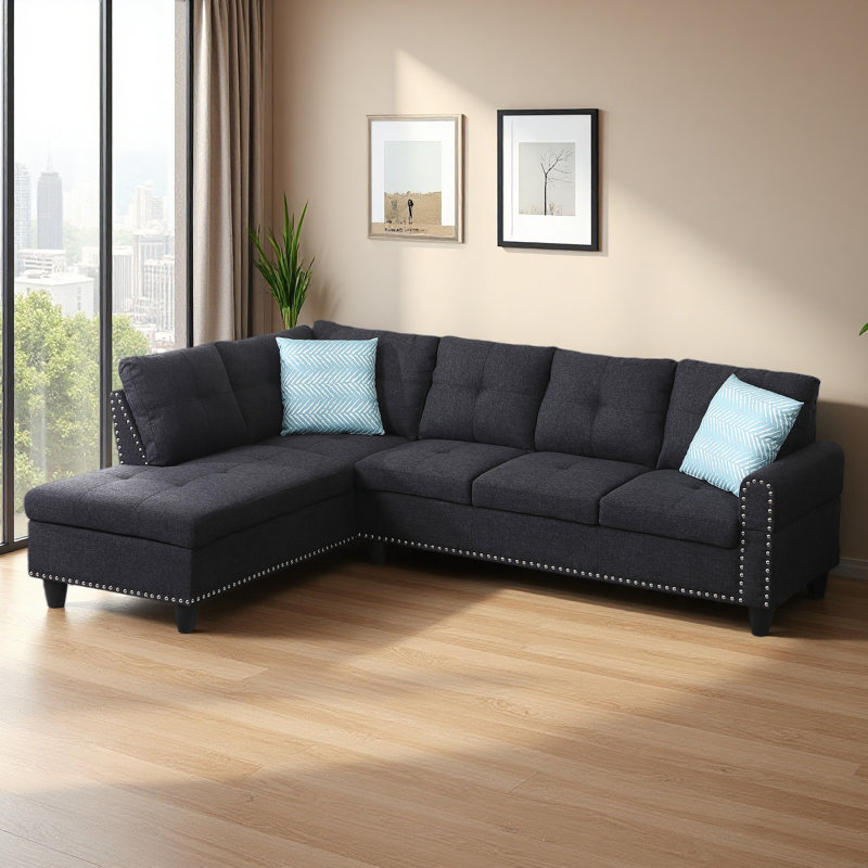 Trimmed L - Shaped Sofa 2Pc, Charcoal gray