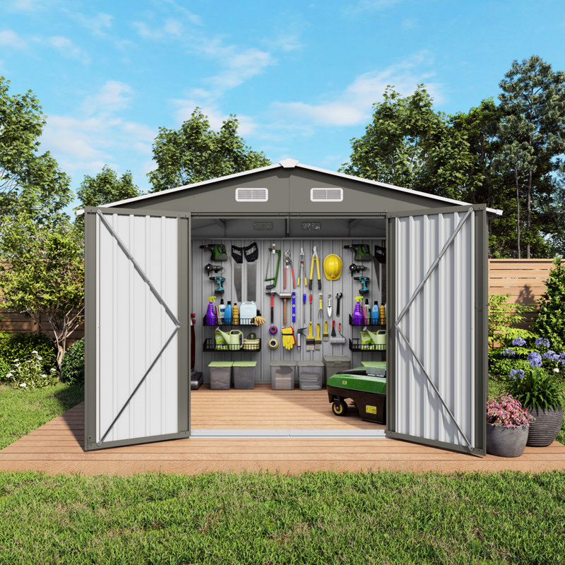 Outdoor Storage Shed 8 Ft In Gray, Made Of Metal With Lockable Double - Doors, Vent Windows, Ideal For Storing Generators, Bicycles, And Proof Gray Garden Tool Ft, Latch On Grills,