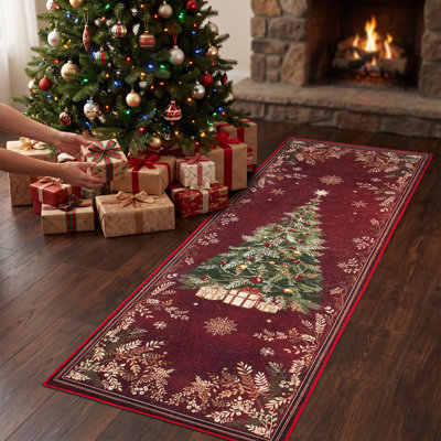 Traditional Christmas Tree Red Runner Rug, Vintage Holiday Winter Forest Non-Slip Hallway Kitchen Runner