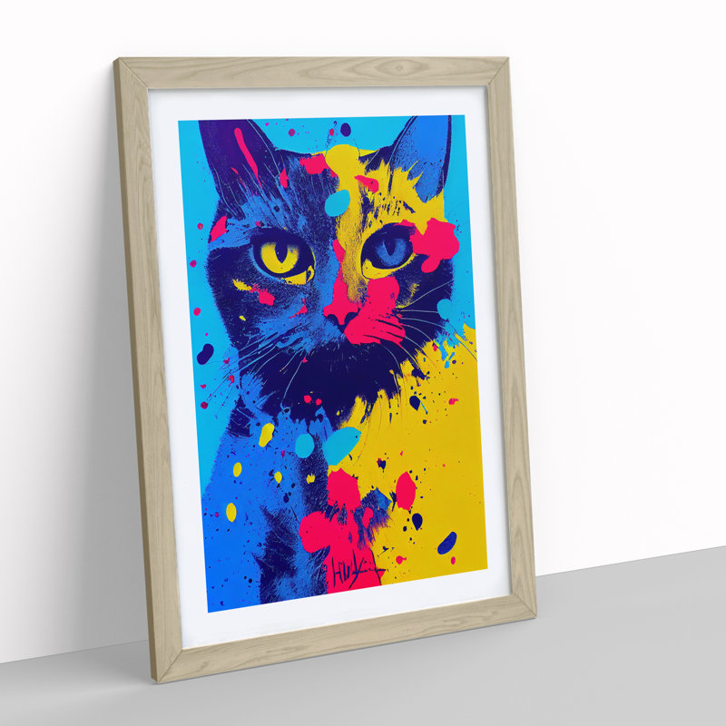 Paint Splat Cat No.1 - Single Picture Frame Print, 34cm H x 25cm W x 2cm D, Oak