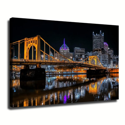 Pittsburgh City Skyline Night Scene With Golden Bridges Reflection, Large Gallery Wrapped Canvas Wall Art Print For Living Room Bedroom