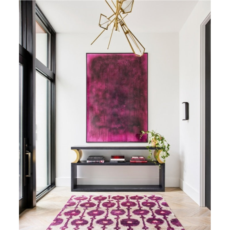 Rumi Ikat Hand-Knotted Silk Red/Beige/Grape Pom Area Rug, Rectangle 5'1" x 7'8"