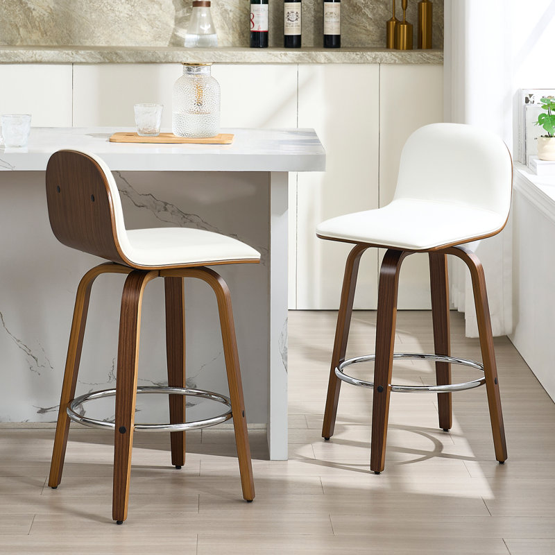 Ensemble de 2 tabourets de comptoir pivotants rembourrés en bois de noyer, Crème