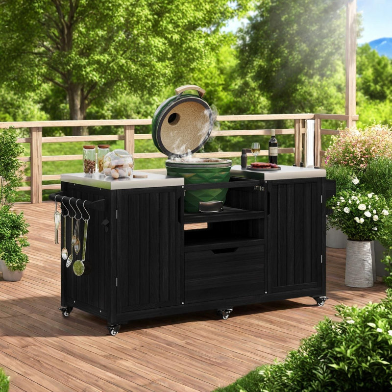 66.5" Outdoor Kitchen Island for Big Green Egg Grills, Grill Cart with Stainless Steel Top and Drawer, Black
