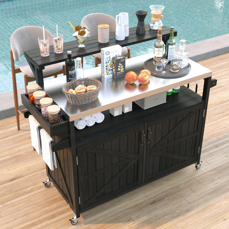 Durable Outdoor Kitchen Island With Stainless Steel Top, Raised Shelf, And Spacious Storage For Grilling And Entertaining