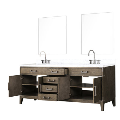 80 po Large meuble-lavabo double en chêne gris avec comptoir en marbre, robinet et 36 miroirs coiffants avec comptoir, P 22 po