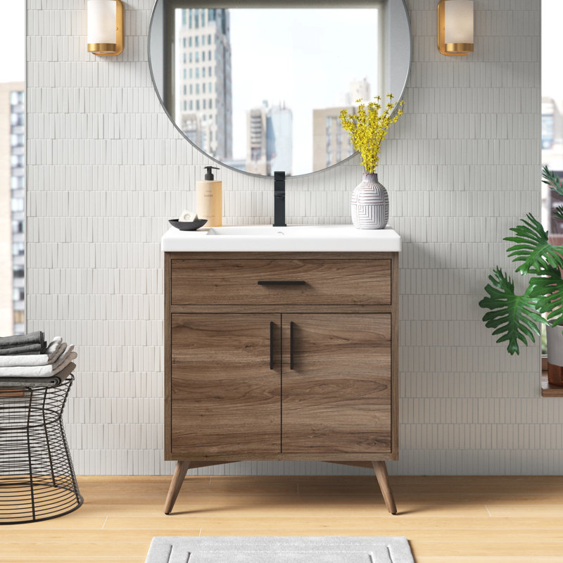 Binford 30'' Single Bathroom Vanity with Ceramic Top, Light Walnut/Matt Black