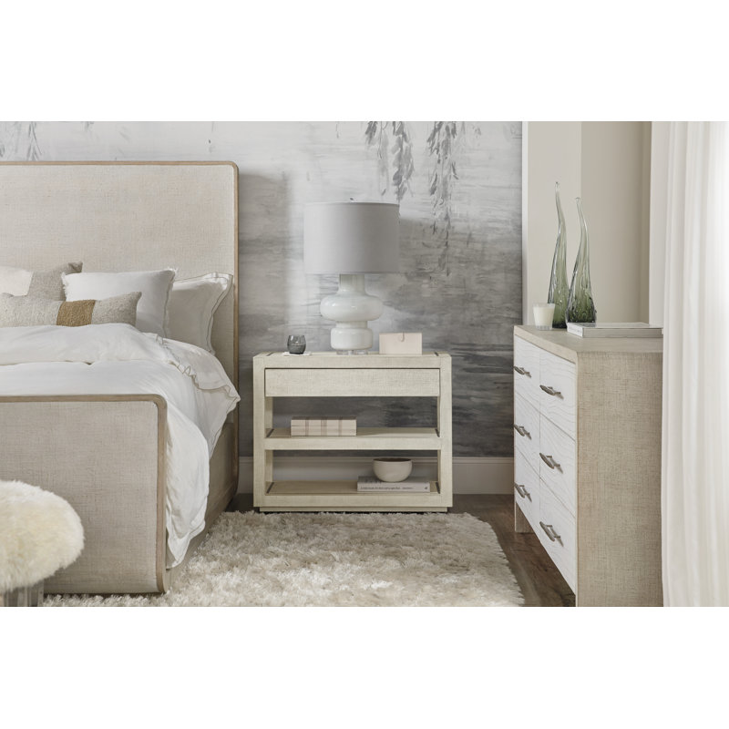Transitional Cream Lacquered Burlap 1-Drawer Nightstand
