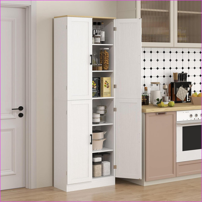 Kitchen Pantry, 67'' Freestanding 4-Door Storage Cabinet with Adjustable Shelves, Distressed White | Particle Board