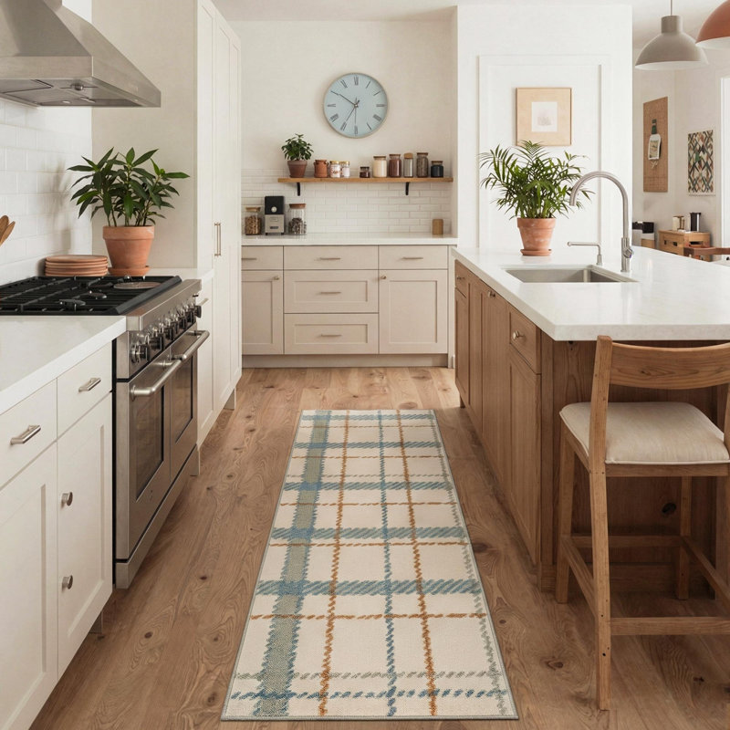 Modern Plaid Machine Washable Beige / Blue / Orange Indoor Area Rug with Non-Slip Backing, Runner 2'3" x 6'