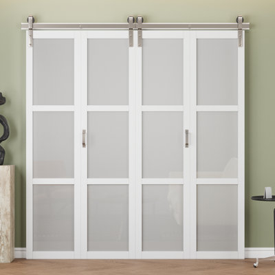 Double porte de grange pliable en verre givré blanc 3 pièces (ensemble de nickelage) avec trousse de quincaillerie et poignée (garde-manger, garde-robe)