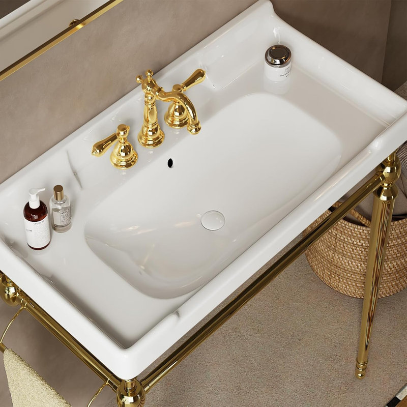 36'' Console Sink, Freestanding Wall Mounted Single Bathroom Vanity Set, White, Gold, 36"