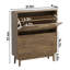 Armoire à chaussures autoportante en noyer de 31,5 po avec éléments géométriques pour le couloir, deux tiroirs rabattables, tablettes réglables, dispositif de basculement de style Mid-Century, 2 entrées