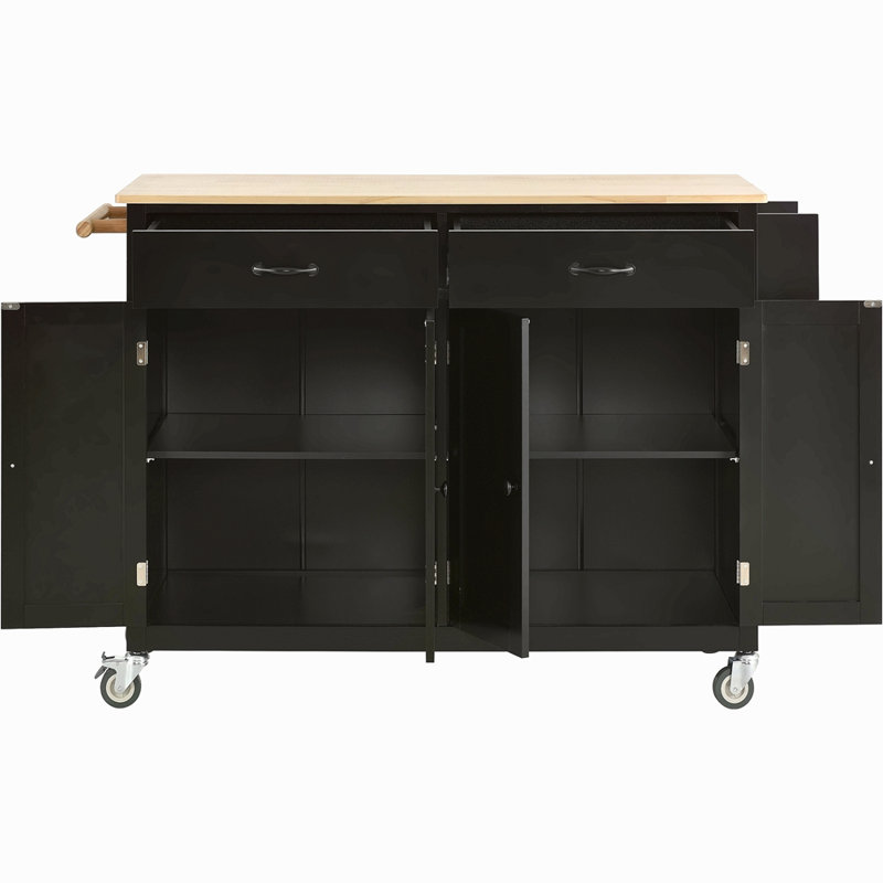Chariot pour îlot de cuisine avec plateau en bois massif et roues verrouillables, largeur de 54,3 pouces, armoire à 4 portes et deux tiroirs, support à épices, porte-serviettes