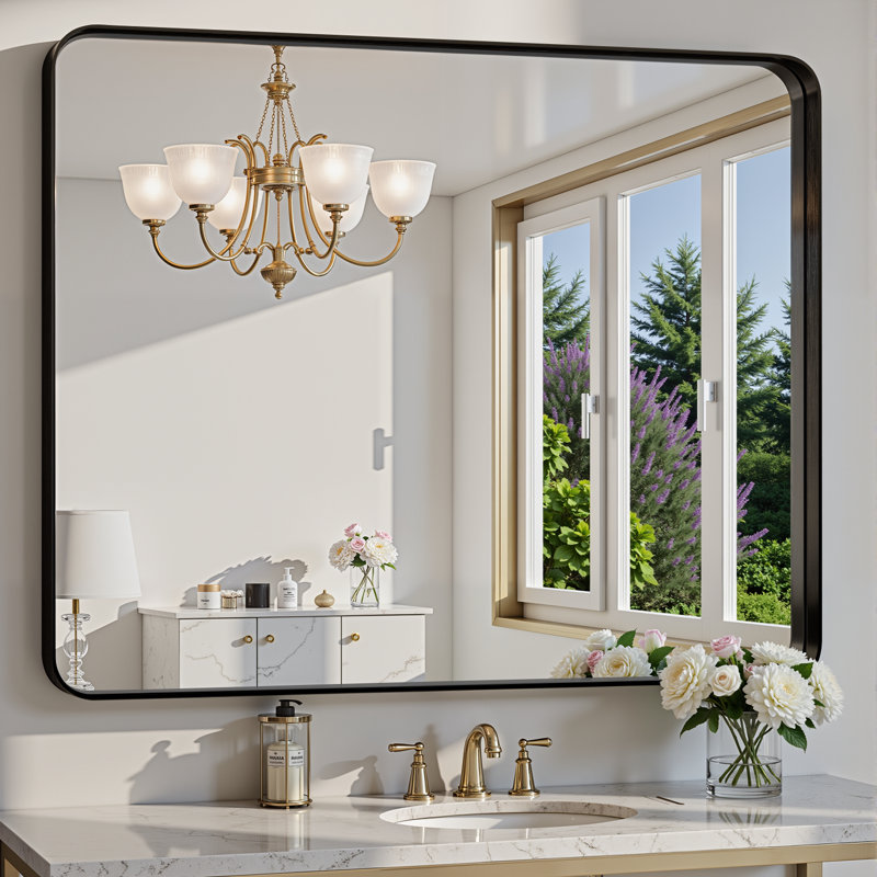 Lunara 1.18" Deep Rounded Corner Rectangular Bathroom Wall Mirror with Premium Tempered Glass & Aluminum Alloy Framed, Black
