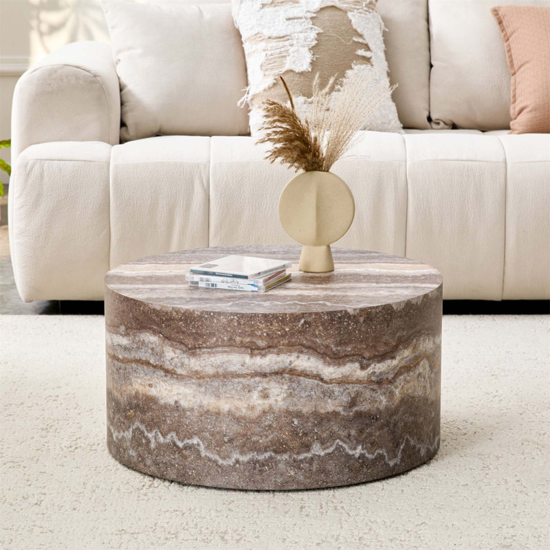 Table basse ronde en bois aggloméré à motif caverne, design compact pour les salons industriels et minimalistes, durable et élégant