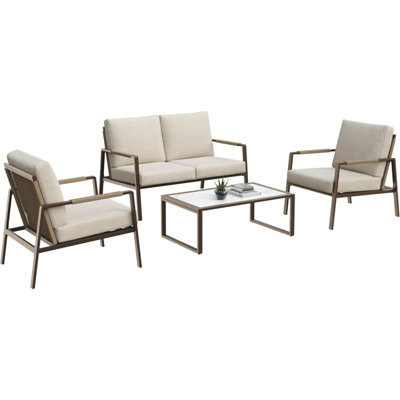 Ensemble de conversation d'extérieur 4 pièces avec accoudoirs en rotin, causeuse et table basse
