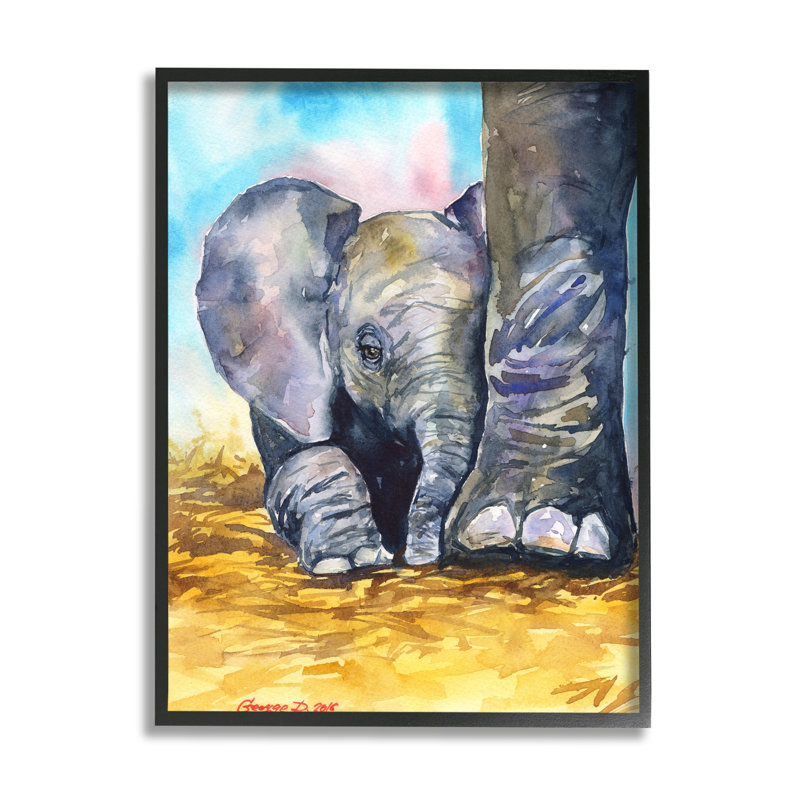 «Baby Elephant at Feet» par George Dyachenko - peinture sur toile tendue, H 30 po x l 24 po, Giclée encadrée noir minuit