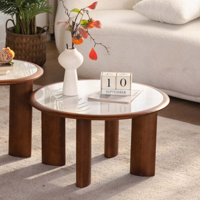 Modern Round Sintered Stone Coffee Table with Solid Wood Rim