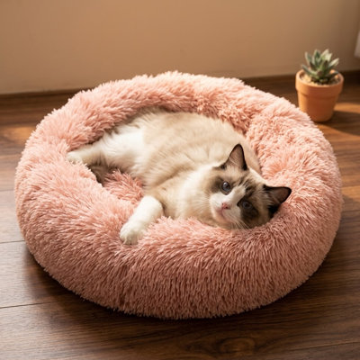 Washable Round Fluffy Plush Faux Fur Pet Bed for Indoor Cats & Small to Medium Dogs, Anti-Anxiety Design, Thick Bottom, Medium, Pink