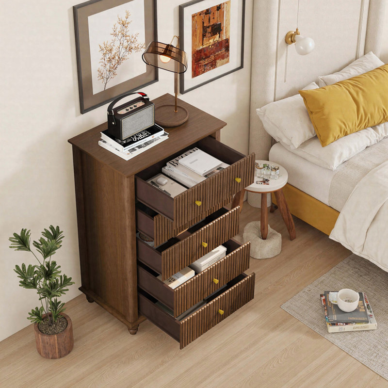 Kernie 45" Tall Fluted 5-Drawer Dresser Modern Wooden Chest Of Drawers With Metal Handles, Walnut