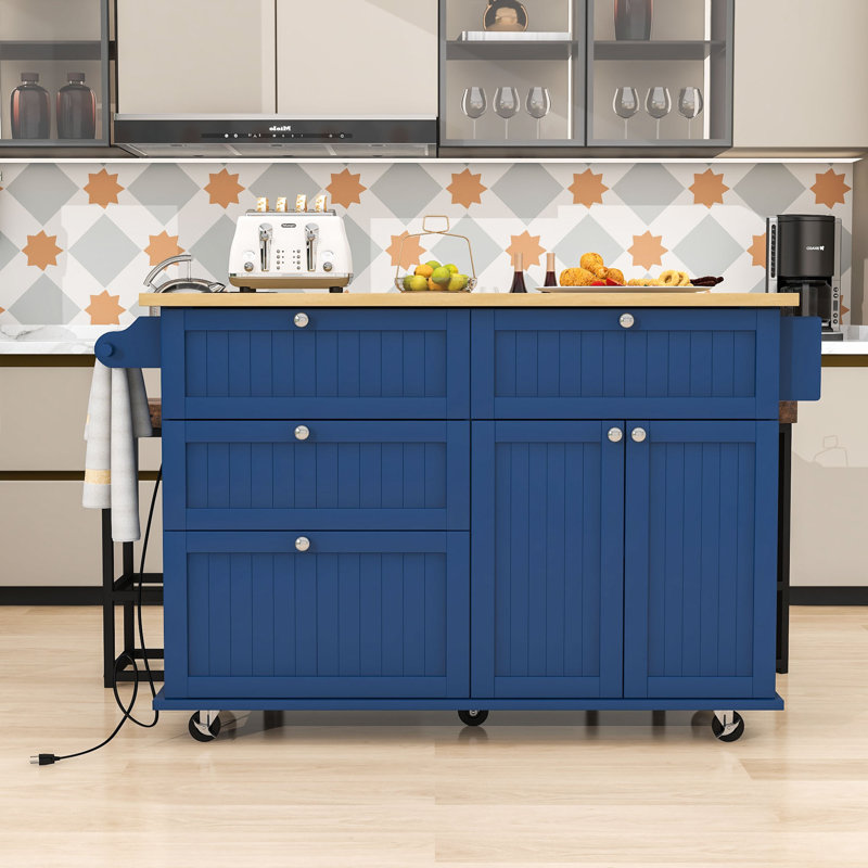 Îlot de cuisine Rosauro avec armoire de rangement, 4 tiroirs et porte-serviettes, Bleu