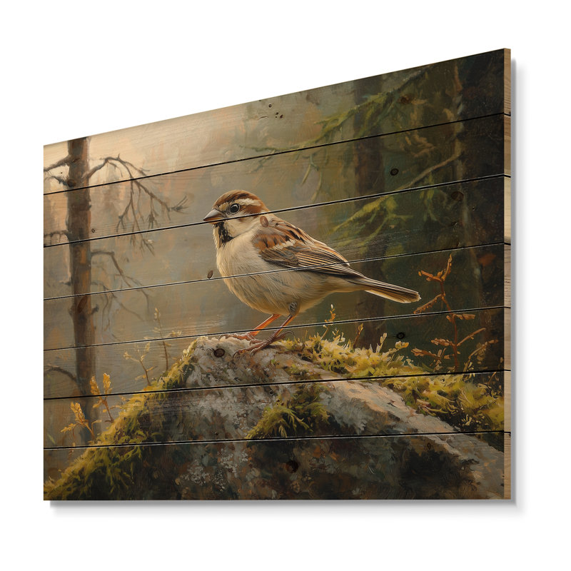 Oiseau moineau sur un rocher de forêt II - Art mural en bois oiseau - sur bois de pin naturel, H 10 po x l 20 po x P 0,78 po