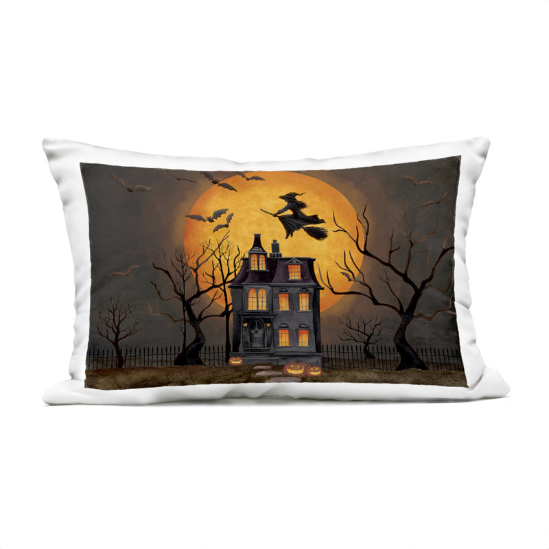 Haunted Night Mansion Outdoor Printed Pillow design by Nicole Tamarin, Black/Orange Mansion