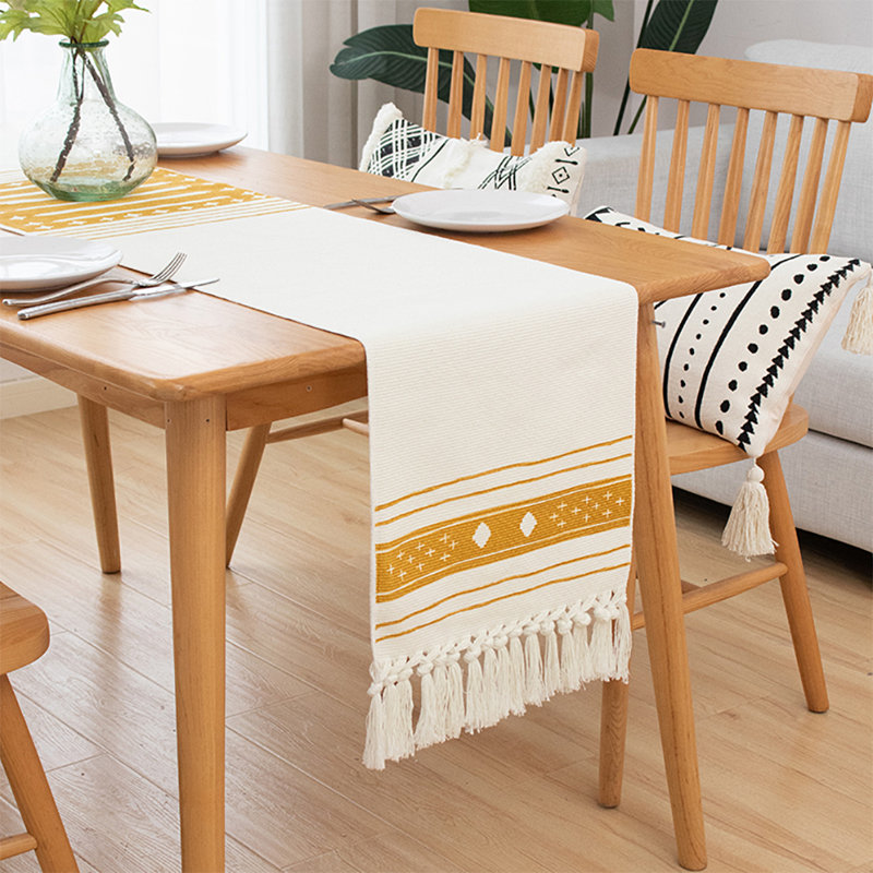 Mishea Mustard Yellow Stripe Cross Print Tassel Cotton Braided Table Runner, 87" x 14"