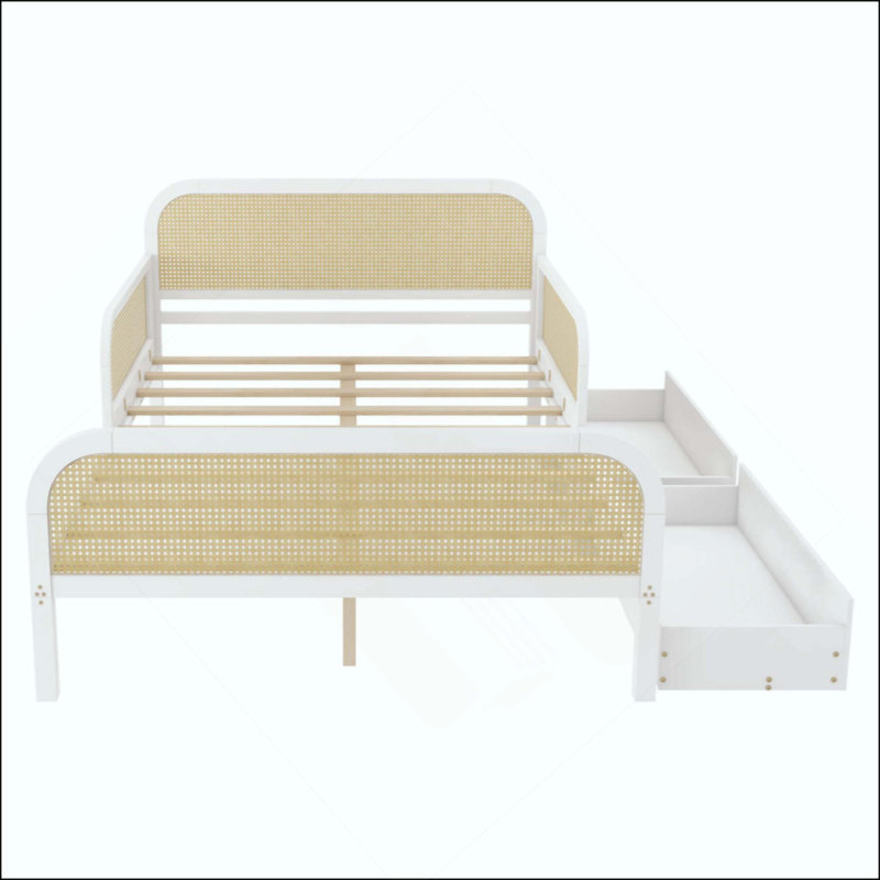 Structure de lit plateforme avec 2 tiroirs de rangement, lit en rotin pour enfants avec tête et pied de lit, Full / Double