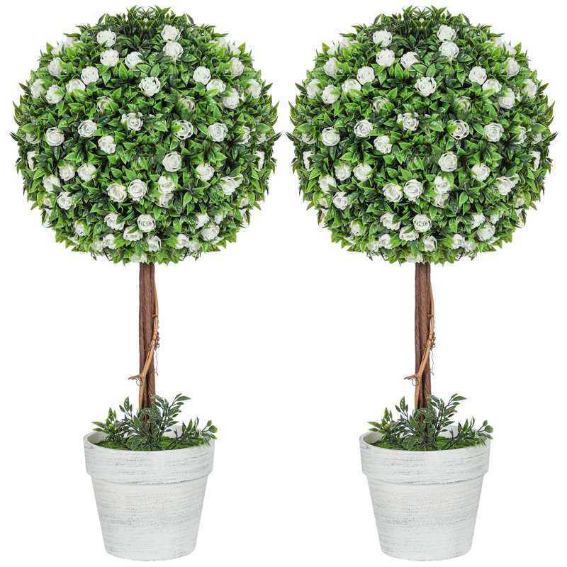 Sibren 60cm Faux Rose Plant in Cement Pot, White