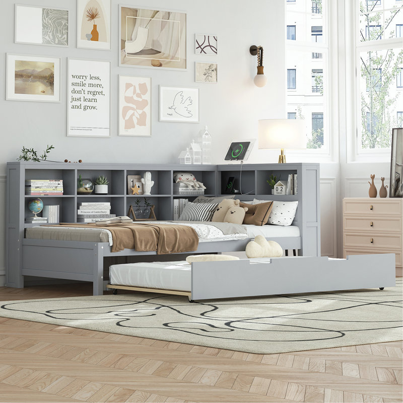 Wooden Twin Size Daybed With Twin Trundle, Daybed With Storage Shelf And USB Charging Ports, Gray, Twin