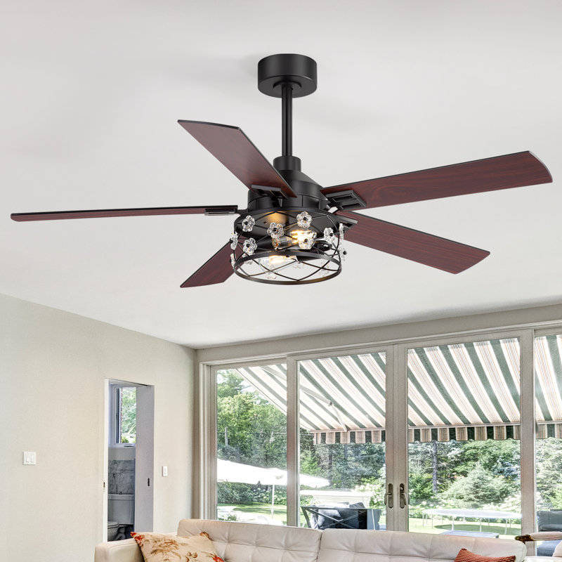 Ventilateur de plafond 52 po avec lumière et télécommande, ventilateur 5 pales avec abat-jour en verre décoratif, moteur à courant continu réversible silencieux, 6 vitesses, noir mat