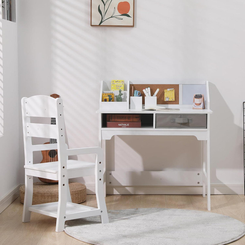 Ensemble de bureau et chaise en bois pour enfants avec huche de rangement, chaise réglable, babillard - table d'étude blanche