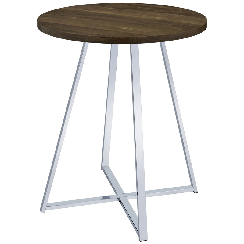 Table bistro ronde de 35 po de hauteur pub avec finition chêne brun, pieds de finition et base géométrique évasée, idéale pour 2 personnes