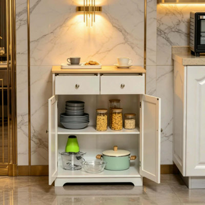 Armoire utilitaire peu encombrante avec tiroirs et placard, buffet à deux tons, armoire de rangement, parfaite pour les petites cuisines ou les appartements