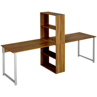 88" Extra Long 2-Person Computer Desk With Storage Shelves Combo, Double Workstation Storage Study Writing Table For Home Office, Bookshelf, Natural W by Latitude Run