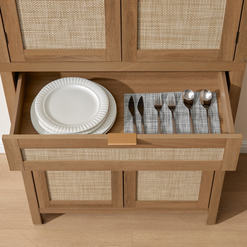 72.1''H Bohemian Rattan Panel Storage Cabinet With Adjustable Shelves, Caramel Oak