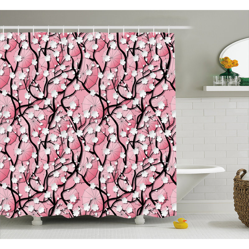 Rideau de douche et crochets de douche décoration sakura tree, H 69 po x l 70 po