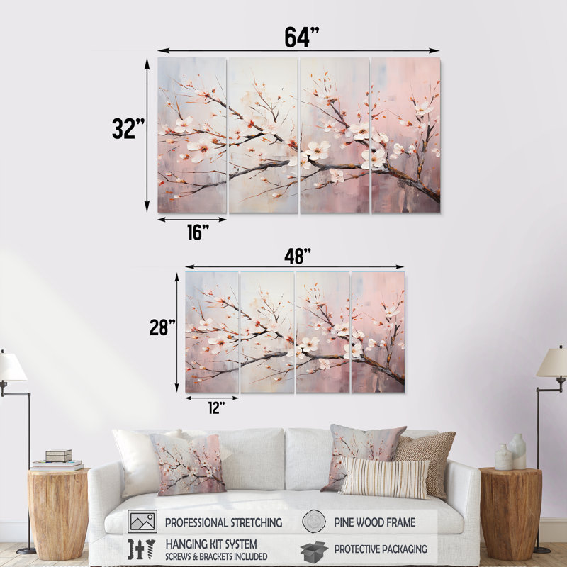 Arbre de fleurs de cerisier rose et blanc II - cerisier, 4 pièces, H 28 po x l 48 po