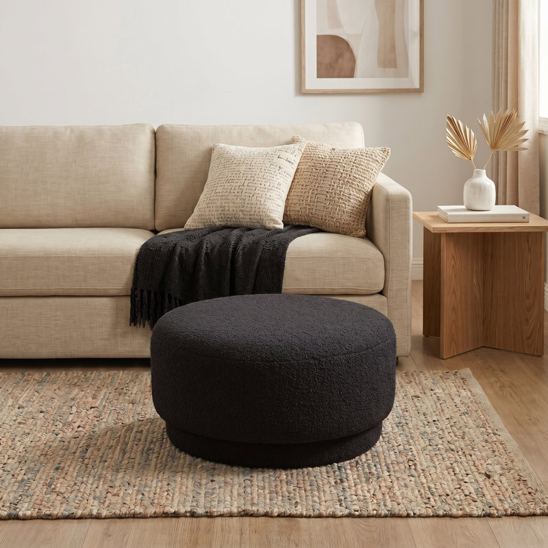 Round Upholstered Ottoman, Black