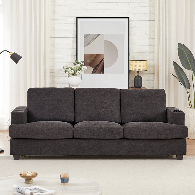 Jusino 89'' Chenille Square Arm Sofa With USB Charging Ports & Cup Holders, Dark Gray