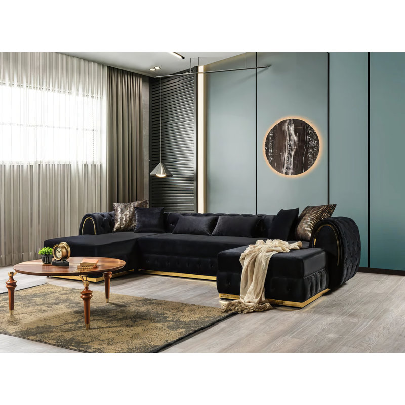 Canapé modulaire Farhanaaz, Velours noir, Or