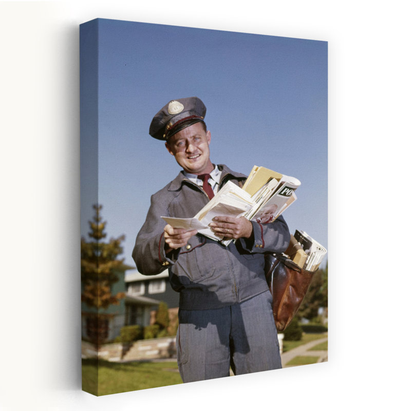«1960S», souriant, courrier, lettres de Hodling, sac de courrier, rétro, rétro, art mural, H 60 po x l 40 po
