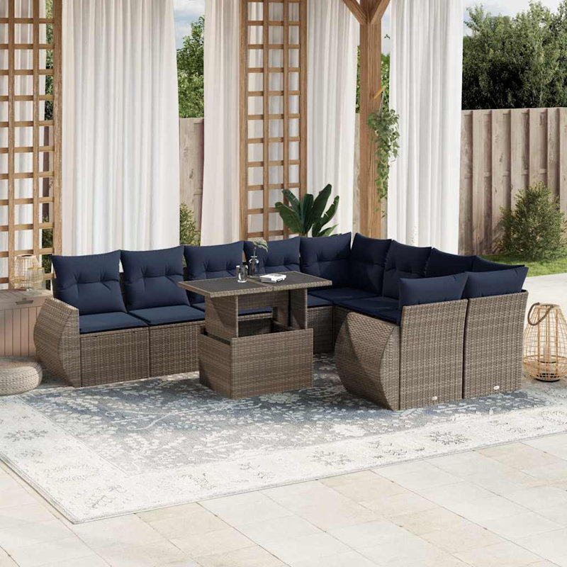 Ensemble de canapé de patio 10 pièces avec coussins en rotin de polyester, Marine, Gris