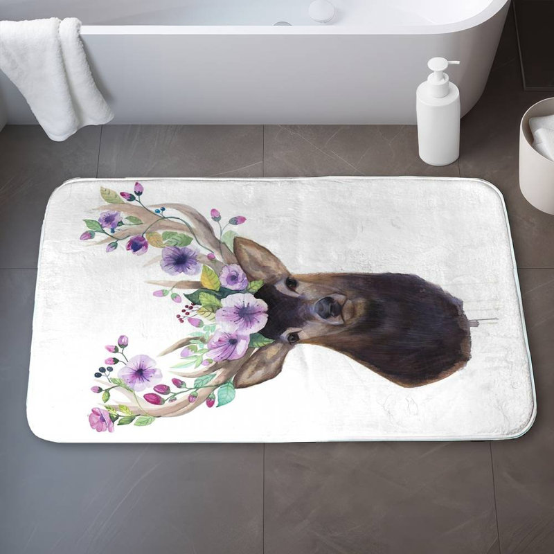 Roe deer head with flowers Bath Mat with Non-Slip Backing - Quick Dry Memory Foam Bathroom Rug - Absorbent - Modern Plush Spa-Style - Machine Washable