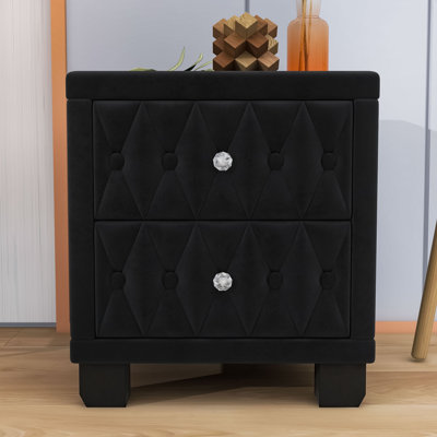 Upholstered Nightstand with 2 Drawers and Crystal Handle