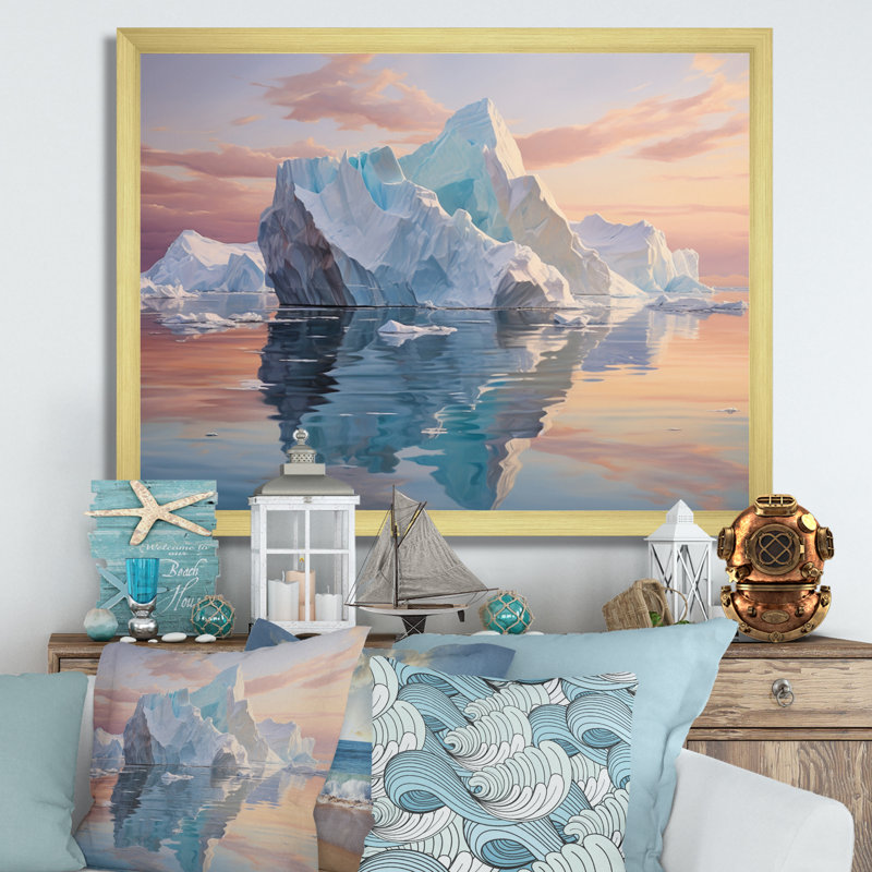 " Teal Peach Iceberg Frozen Serenity ", H 12 po x l 20 po x P 1 po, Cadre doré à une seule photo