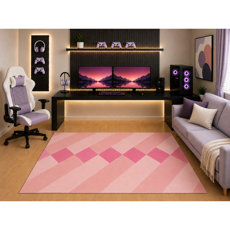 Tapis ultra-léger 152 x 213 cm à rayures losanges roses, design géométrique moderne, idéal pour chambre d'ado, salle de jeux ou salon. Dos en silicone antidérapant, poils courts.