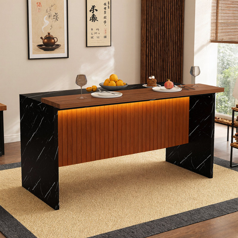 63 Inch Modern Kitchen Island with Marble-Look Surface, LED Lights, Grille Design for Dining Living Room, Black Walnut